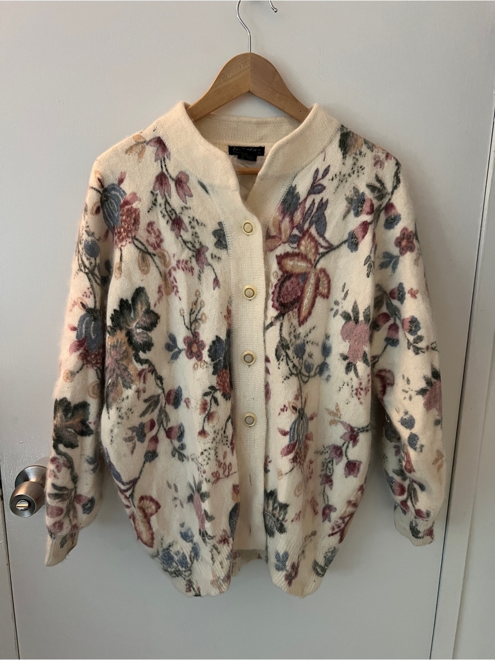 Vintage Floral Button-Front Angora Sweater Cardigan